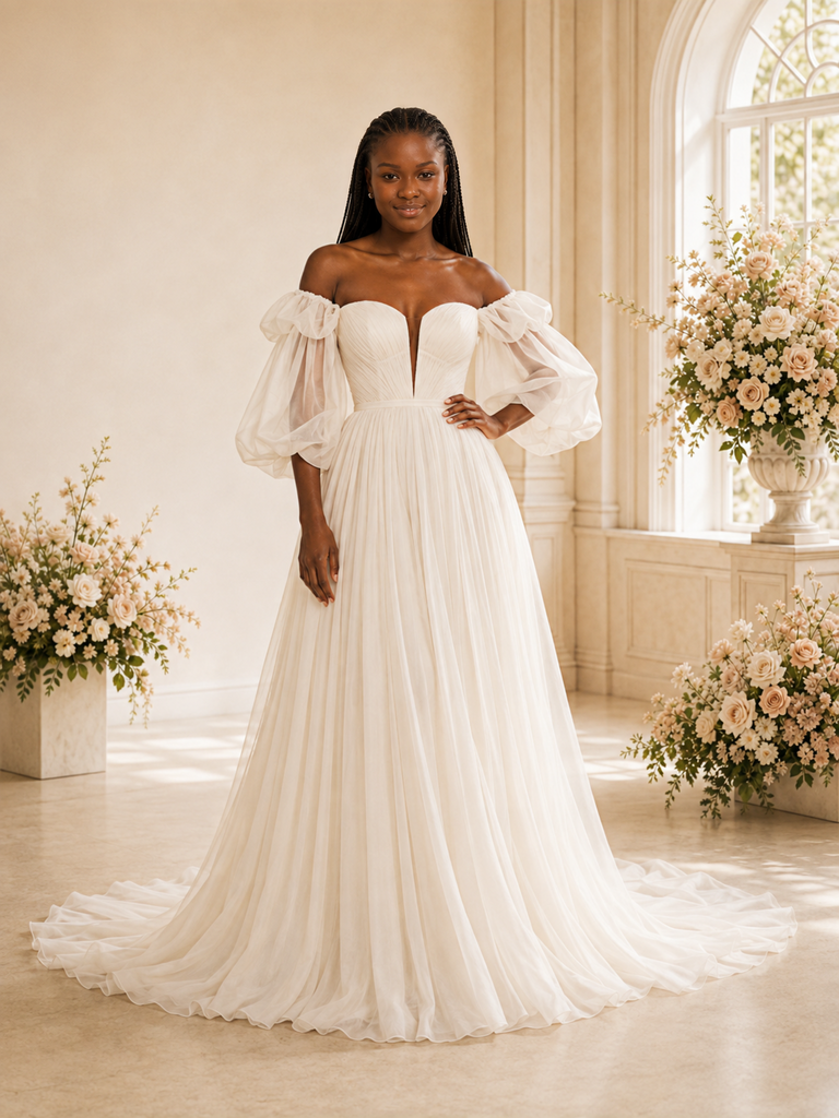 ChicSew Mondern Strapless Puff Sleeves A-Line Tulle Maxi Wedding Dress