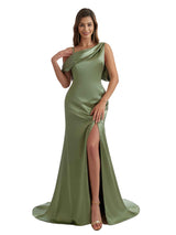 Elegant Asymmetric One Shoulder Mermaid Satin Long Bridesmaid Dresses Online Side Split