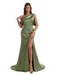 Elegant Asymmetric One Shoulder Mermaid Satin Long Bridesmaid Dresses Online Side Split
