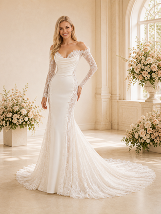 ChicSew Unique Glamorous Long Sleeves Mermaid Lace Applique Crepe Maxi Long Wedding Dress