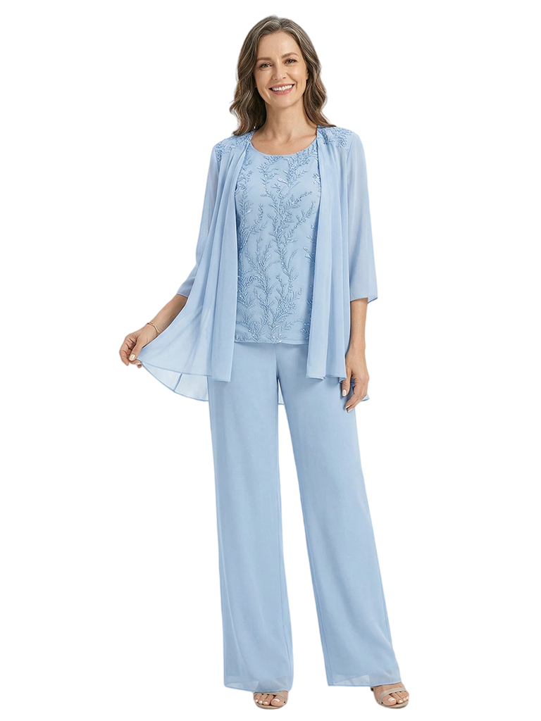 ChicSew Scoop Long Sleeve Chiffon Jacket Lace Beaded Pant Suit Formal Mom Of The Groom Outfits