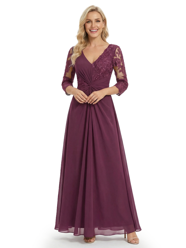 Beautiful Mother Of The Bride Dresses V-Neck 3/4 Sleeves A-Line Lace Formal Wedding Event Dress