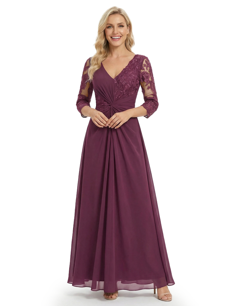 Beautiful Mother Of The Bride Dresses V-Neck 3/4 Sleeves A-Line Lace Formal Wedding Event Dress