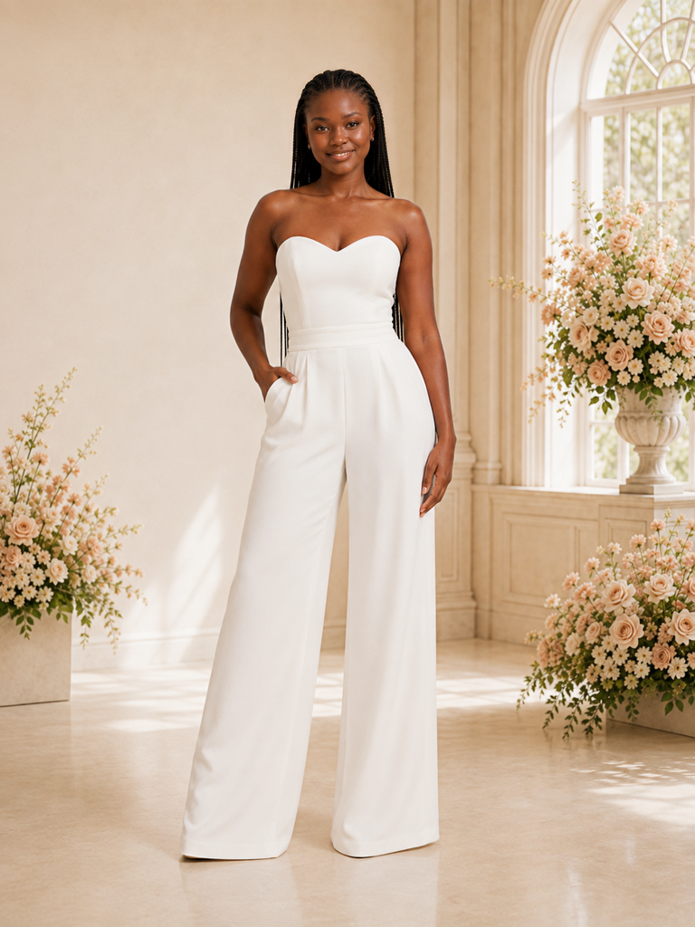 ChicSew Modern Sweetheart Crepe Floor-Length Wedding Jumpsuit With Pocket