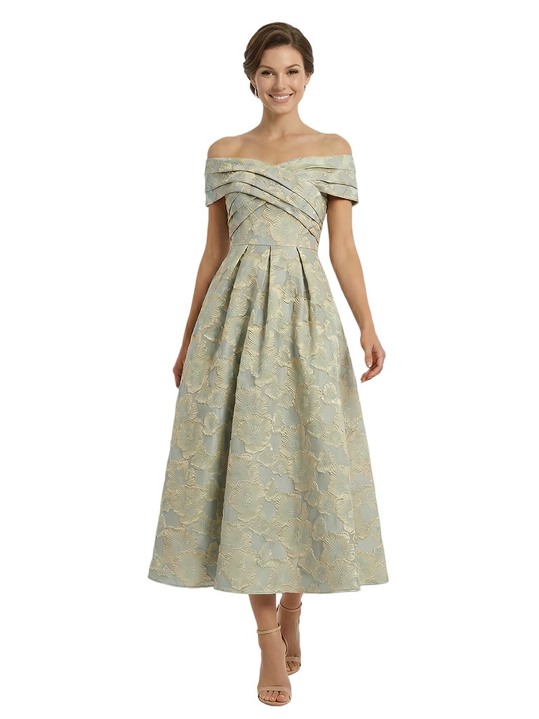 ChicSew Elegant Floral Jacquard Off Shoulder Ruched A-Line Long Formal Evening Dresses