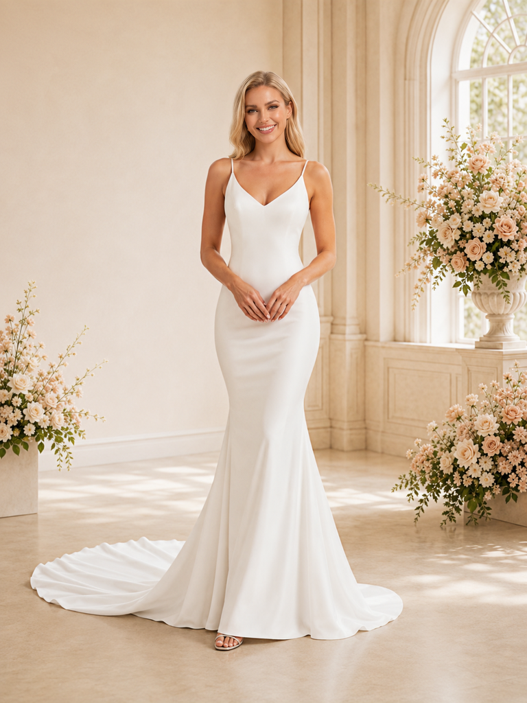 ChicSew Pretty Spaghetti Straps Satin Mermaid Floor-Length Wedding Dress With Open Back