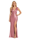 ChicSew Glam Sleeveless Deep V-Neck Ruched Side Slit Mermaid Long Satin Evening Bridesmaid Gowns For Formal Occasions