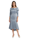 Classy Off Shoulder Satin Mother of The Groom Dress Tea-Length With Sleeves for Special Events