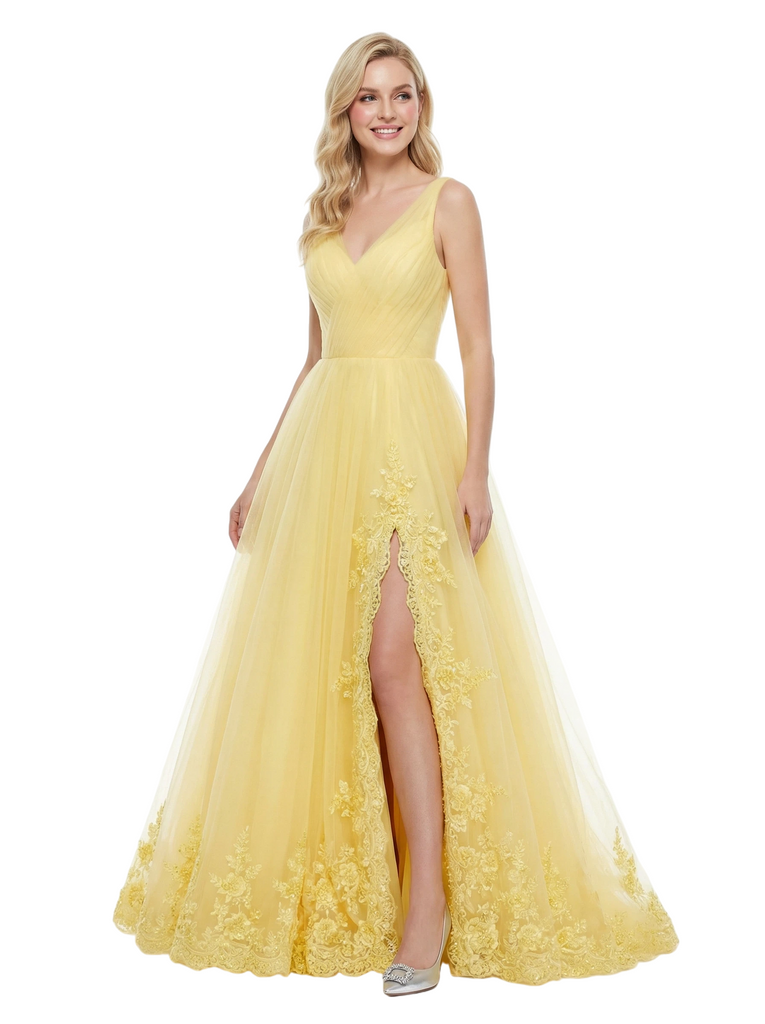 ChicSew Beautiful Spaghetti Straps V-Neck Tulle A-Line Maxi Long Evening Prom Dresses