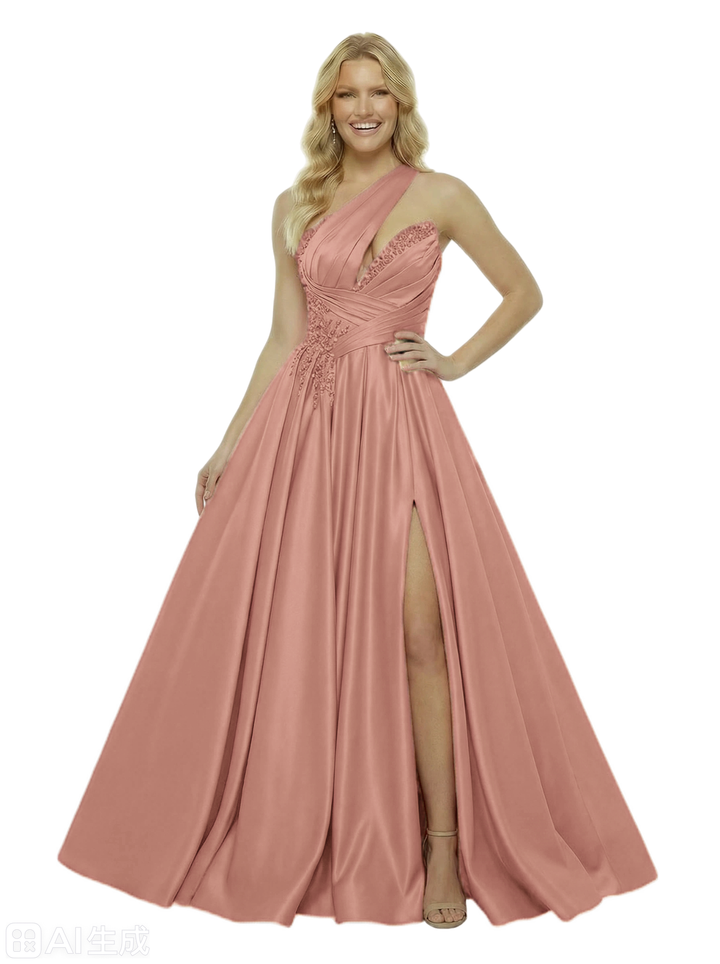 ChicSew Fancy One Shoulder Prom Dress Satin Appliques Formal Evening Wear