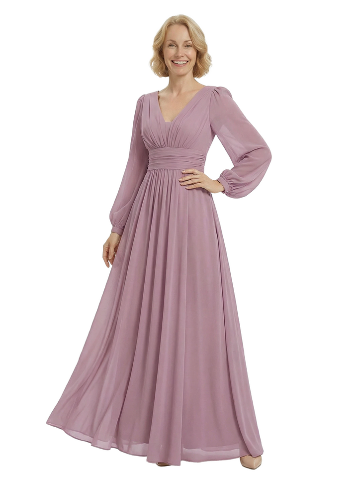 Chicsew Mother of The Bride Dresses V-Neck Long Sleeve Chiffon Maxi Gown Classy Ruched Formal Wedding Event Attire