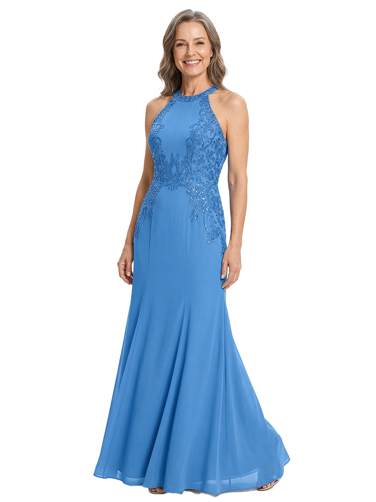ChicSew Halter Sleeveless Beaded Lace Applique Mermaid Floor Length Chiffon Sophisticated Mother of the Bride Dresses
