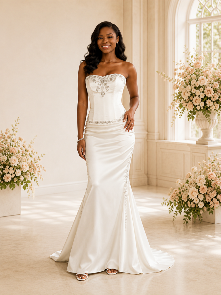 ChicSew Elegant Sweetheart Mermaid Ruched Satin Floor-Length Wedding Dress With Applique