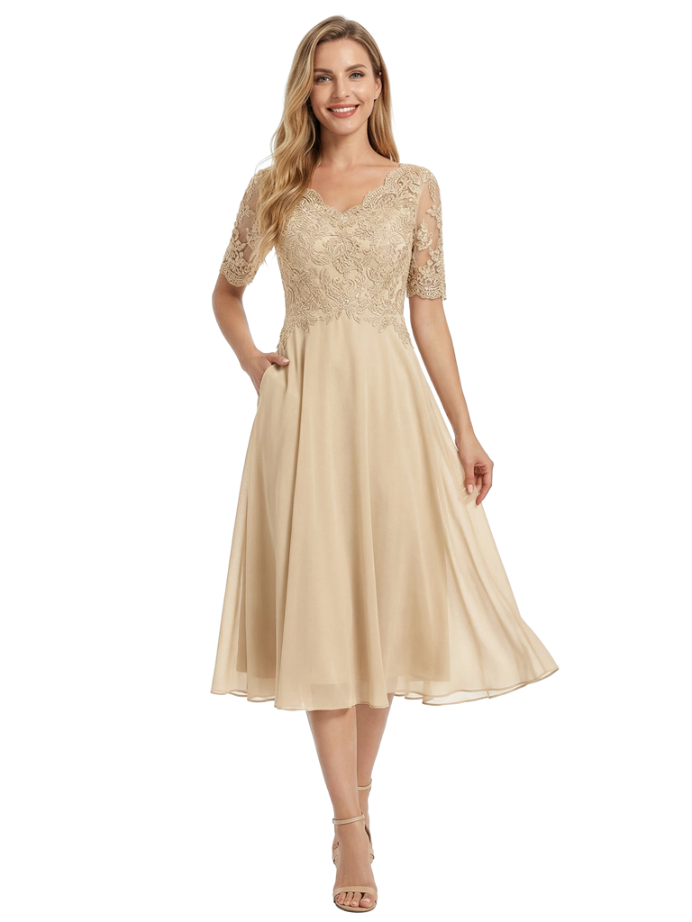 Chicsew Beautiful Lace Overlay Mother of The Bride Dress Half Sleeves Midi Chiffon Classy Occasion Gown