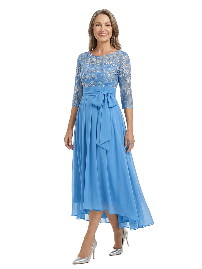 ChicSew Scoop 3/4 Sleeve Floral Embroidered Lace Overlay Belted Bow Detail High Low Midi Length Chiffon Romantic Mother Of The Bride And Groom Dresses
