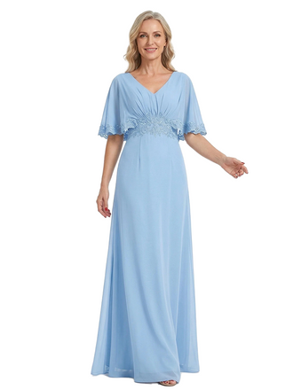 ChicSew Elegant Chiffon Flutter Sleeves V-Neck Ruched A-Line Mother Of The Bride Dress With Applique