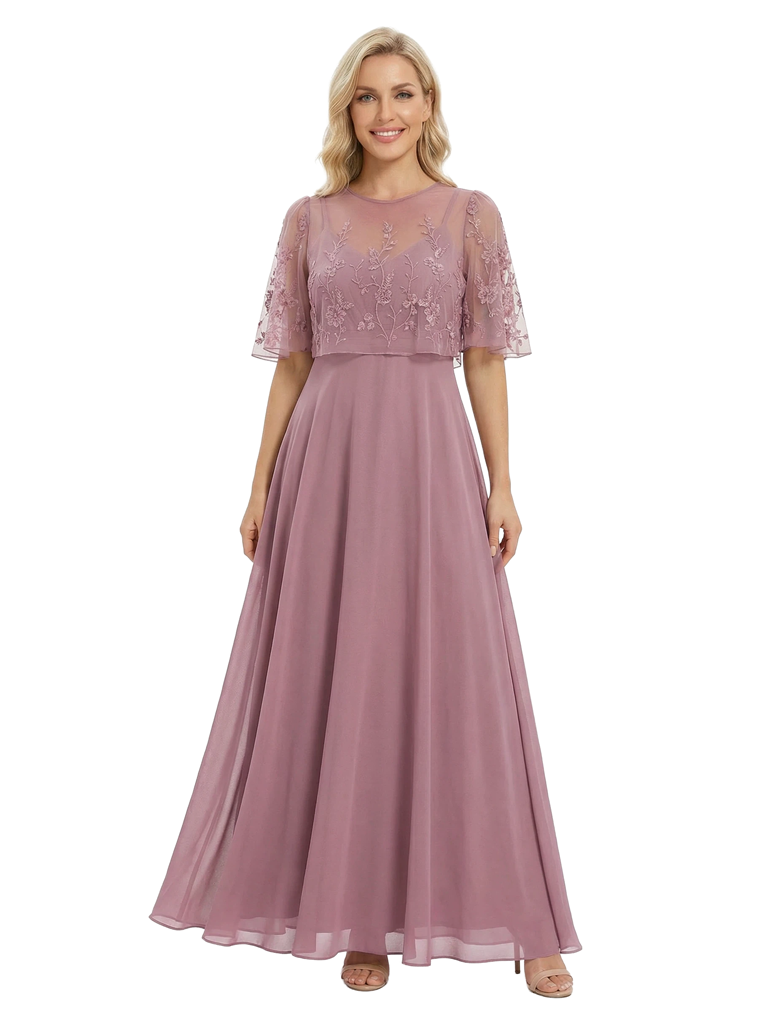 Chicsew Mother of The Groom Dresses Scoop Cape Sleeve Chiffon Maxi Gown Pretty Lace Applique Formal Bridal Event Dress