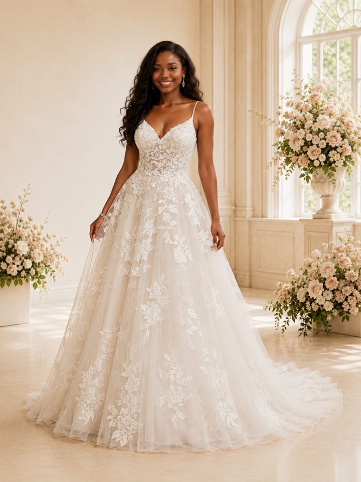 ChicSew Fancy Elegant Spaghetti Straps Tulle Lace A-Line Maxi Long Wedding Dress