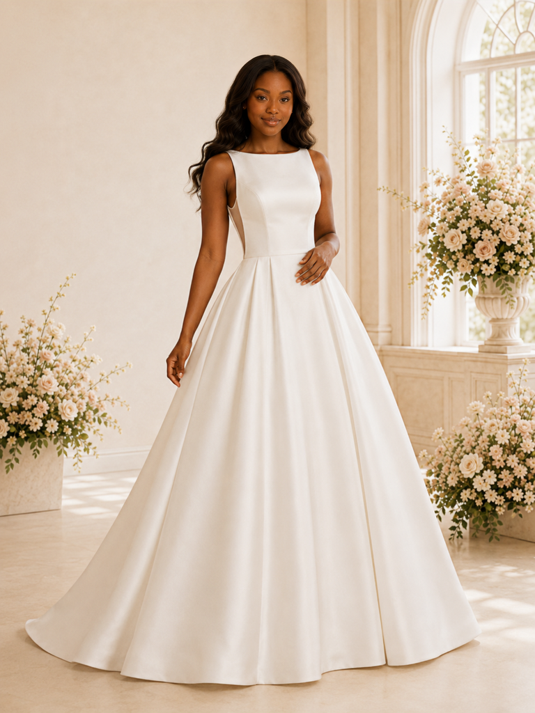 ChicSew Elegant Simple Bateau Sleeveless A-Line Satin Maxi Long Wedding Dress
