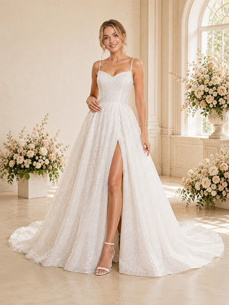 ChicSew Elegant A-line Spaghetti Straps V-Neck Side Slit Glitter Tulle Long Wedding Dresses