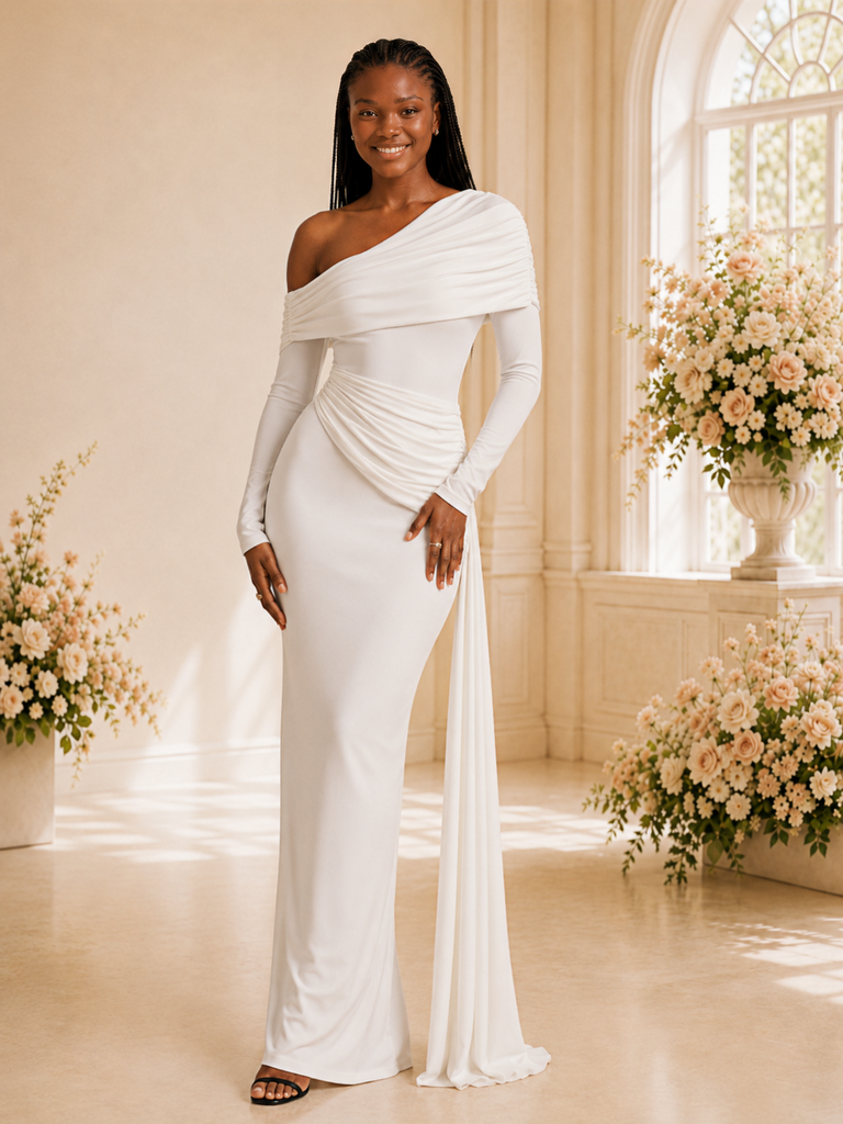 ChicSew Elegant Unique Asymmetrical Neck Crepe Long Sleeves Mermaid Floor-Length Wedding Dress