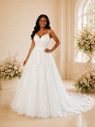 ChicSew Romantic Spaghetti Straps Tulle Lace A-Line Long Wedding Dress