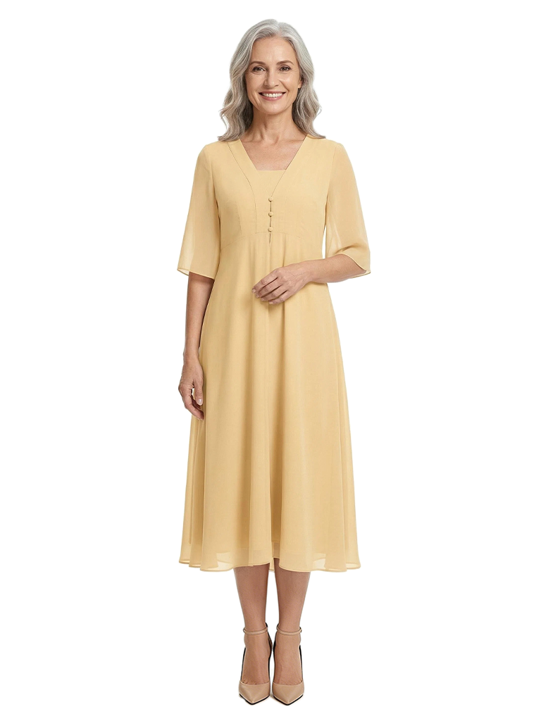 ChicSew V-Neck Chiffon Mother of The Bride Dress A-Line Tea-Length Gown Button Detail