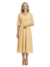 ChicSew V-Neck Chiffon Mother of The Bride Dress A-Line Tea-Length Gown Button Detail
