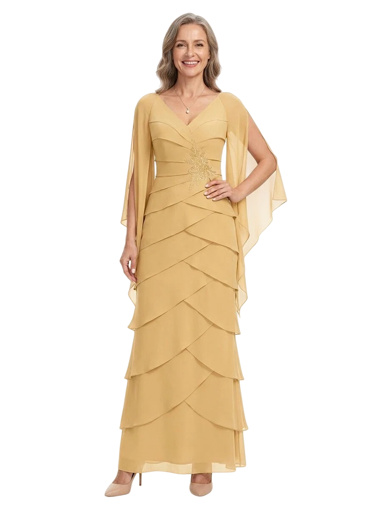 ChicSew Classy Tiered Chiffon Mother Of The Bride Dresses With V-Neck And Cape Sleeves