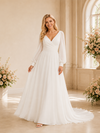 ChicSew Fancy Elegant V-Neck A-Line Chiffon Long Sleeves Ruched Maxi Wedding Dress