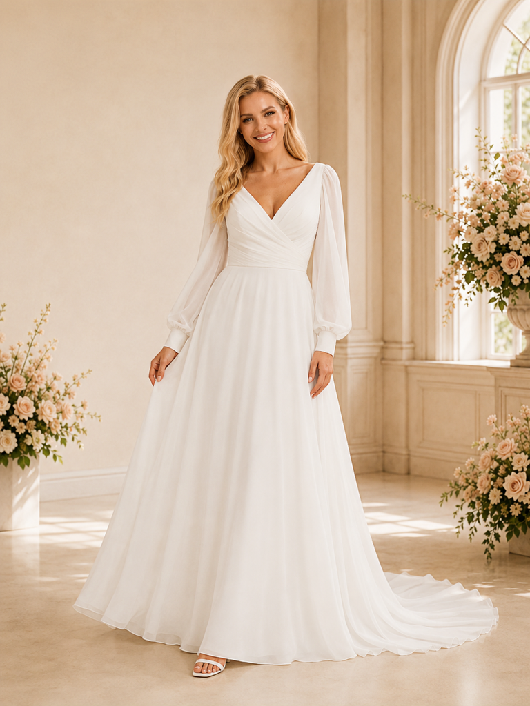 ChicSew Fancy Elegant V-Neck A-Line Chiffon Long Sleeves Ruched Maxi Wedding Dress