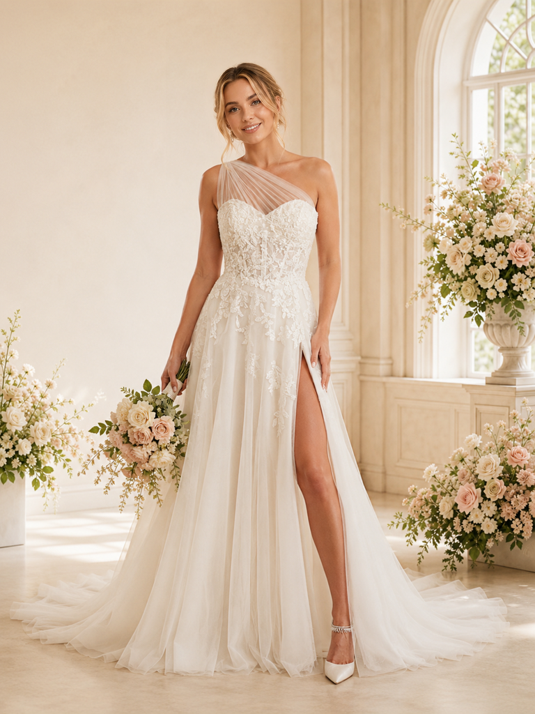 ChicSew Elegant One Shoulder Lace Tulle Side Slit Maxi A-Line Wedding Dress