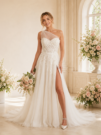 ChicSew Elegant One Shoulder Lace Tulle Side Slit Maxi A-Line Wedding Dress