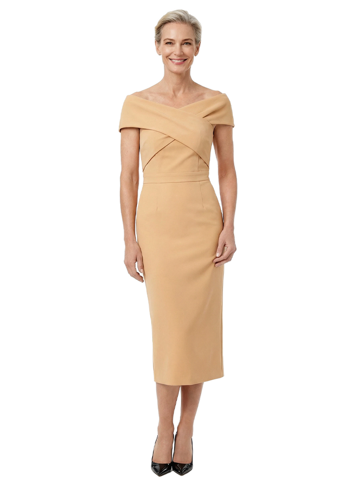 Chicsew Mother of The Bride Dress Classy Off Shoulder Crepe Sheath Midi Gown Modern Wrap Detail