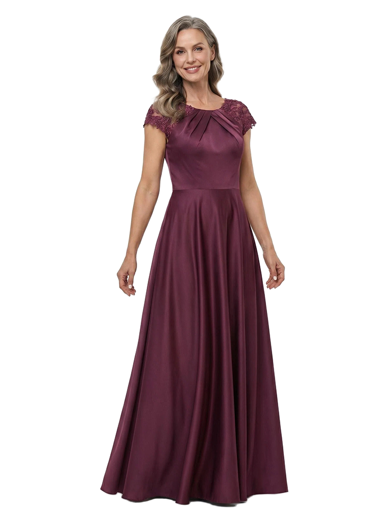 ChicSew Jewel Short Sleeve Satin Mother of the Bride Dress A-Line Formal Gown