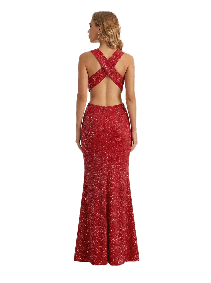 Shiny Spaghetti Straps Mermaid Glitter Jersey Side Slit Maxi Formal Dresses For Women