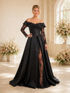 ChicSew Black Satin Off The Shoulder Lace Sleeves Ruching A-Line Long Wedding Dresses