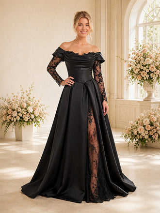 ChicSew Black Satin Off The Shoulder Lace Sleeves Ruching A-Line Long Wedding Dresses