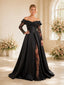 ChicSew Black Satin Off The Shoulder Lace Sleeves Ruching A-Line Long Wedding Dresses