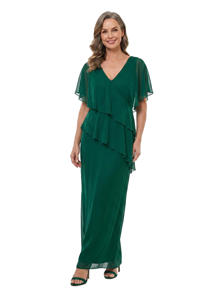 ChicSew V-Neck Flutter Sleeve Chiffon Tiered Ruffle Ankle Length Mother of the Bride Dress