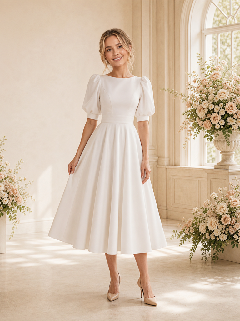 ChicSew Elegant Jewel Short Sleeves A-Line Crepe Tea-Length Wedding Dress