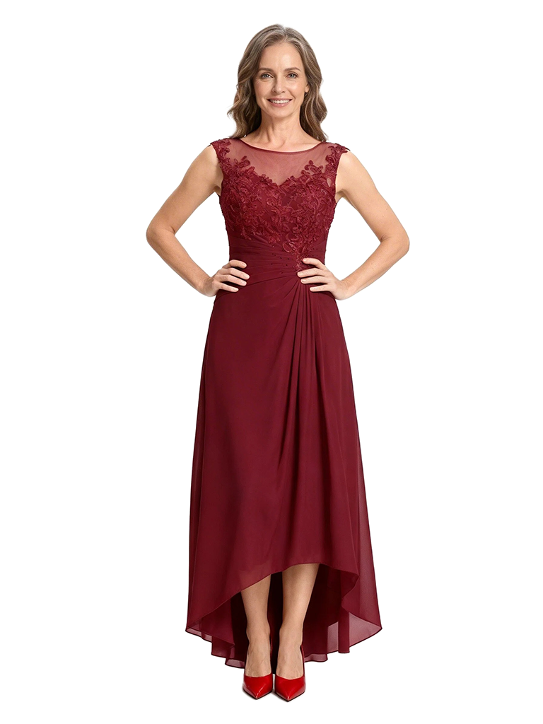 ChicSew Illusion Lace Ruched Waist High Low Chiffon Fancy Mother of the Bride Dresses