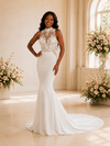 ChicSew Elegant High Neck Sleeveless Lace Appliques Crepe Long Mermaid Wedding Dress