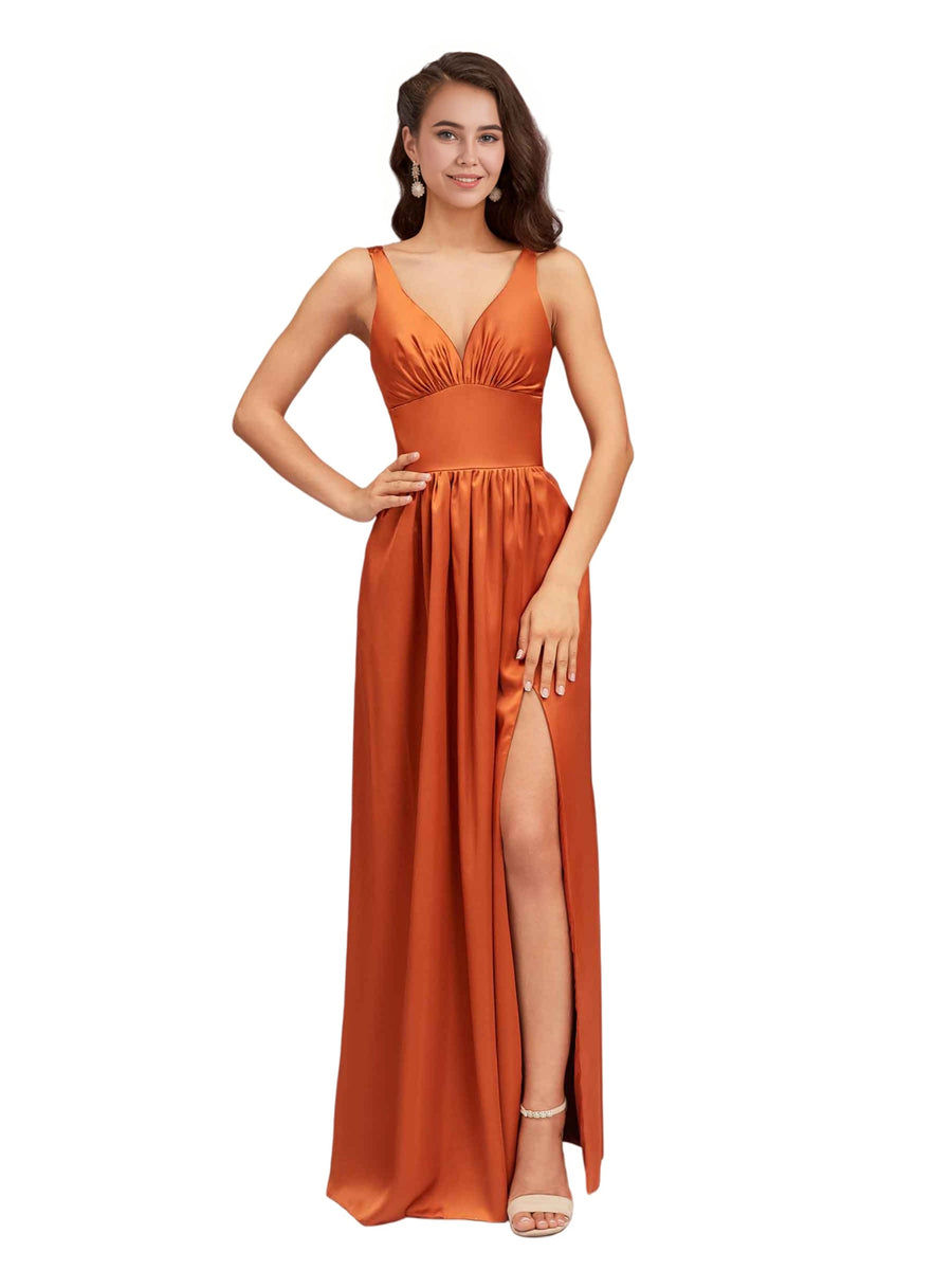 Sexy V-Neck Soft Satin A-Line Side Slit Long Bridesmaid Dresses Online