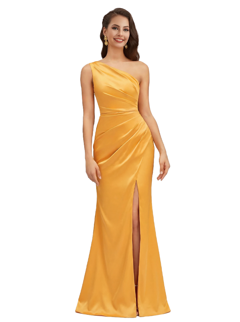 Sexy One Shoulder Side Slit Ruched Silky Satin Mermaid Maxi Formal Dressing For Women