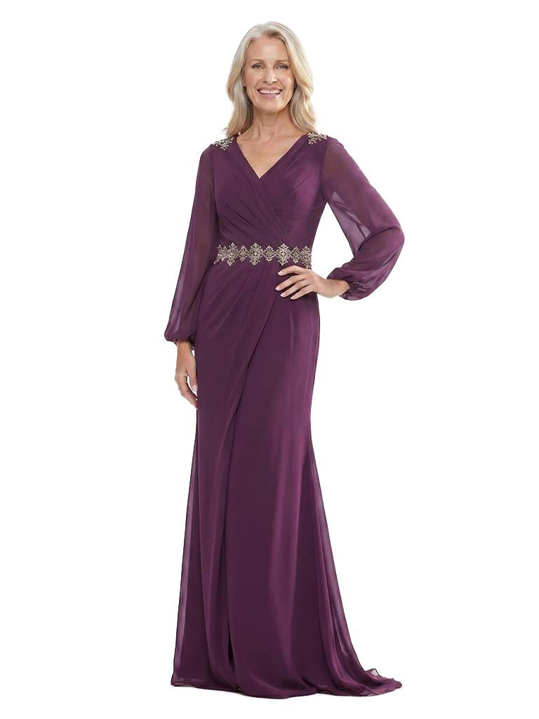ChicSew V-Neck Long Sleeve Rhinestone Chiffon Floor Length Mermaid Mother of the Bride Dress