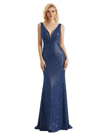 Sexy V-Neck Mermaid Glitter Jersey Floor Length Formal Evening Dresses For Women