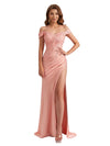 Sexy Off The Shoulder Lace Silky Satin Mermaid Side Slit Long Bridesmaid Dresses Online