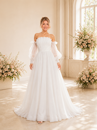 ChicSew Unique Ruching Strapless 3/4 Sleeves A-Line Floor-Length Wedding Dresses