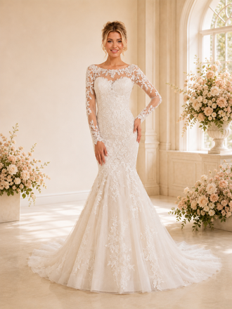 ChicSew Delicate Mermaid Illusion Long Sleeves Lace Tulle Maxi Wedding Dresses With Train